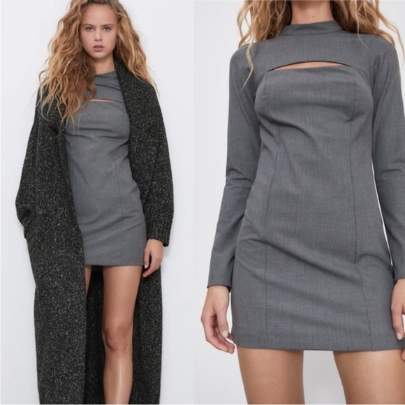 Zara Women’s Gray Cutout Houndstooth Dress - Picture 1 of 8